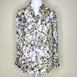 Loft Petites White Blue Brown Abstract Dotted Collared Long Sleeve Blouse XSP